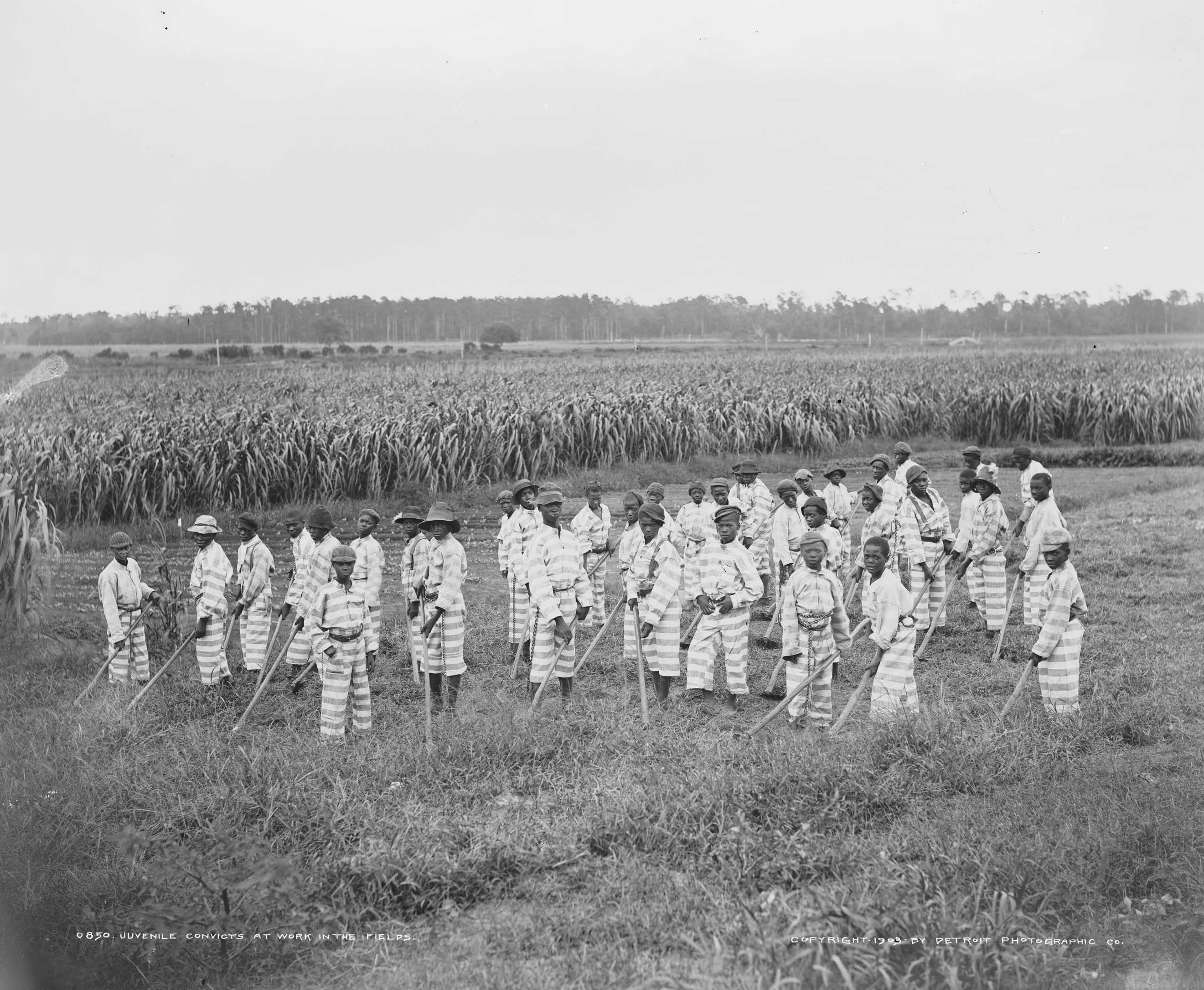 A black and white photograph of children as prisoners, dressed in white and dark stripes in a field.