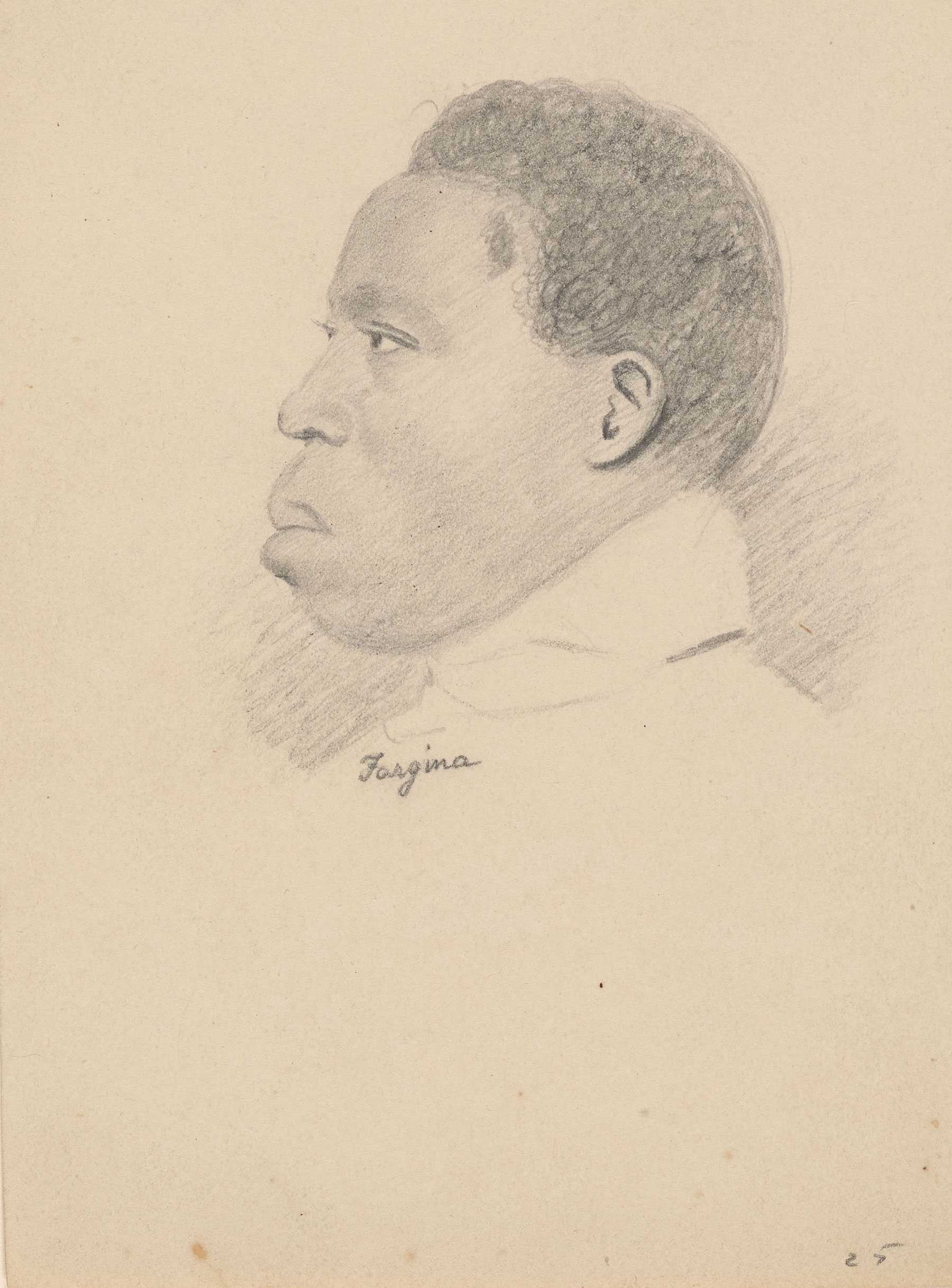 A pencil illustration of an Amistad captive. The portrait is a of his profile, including a birthmark on his forehead.