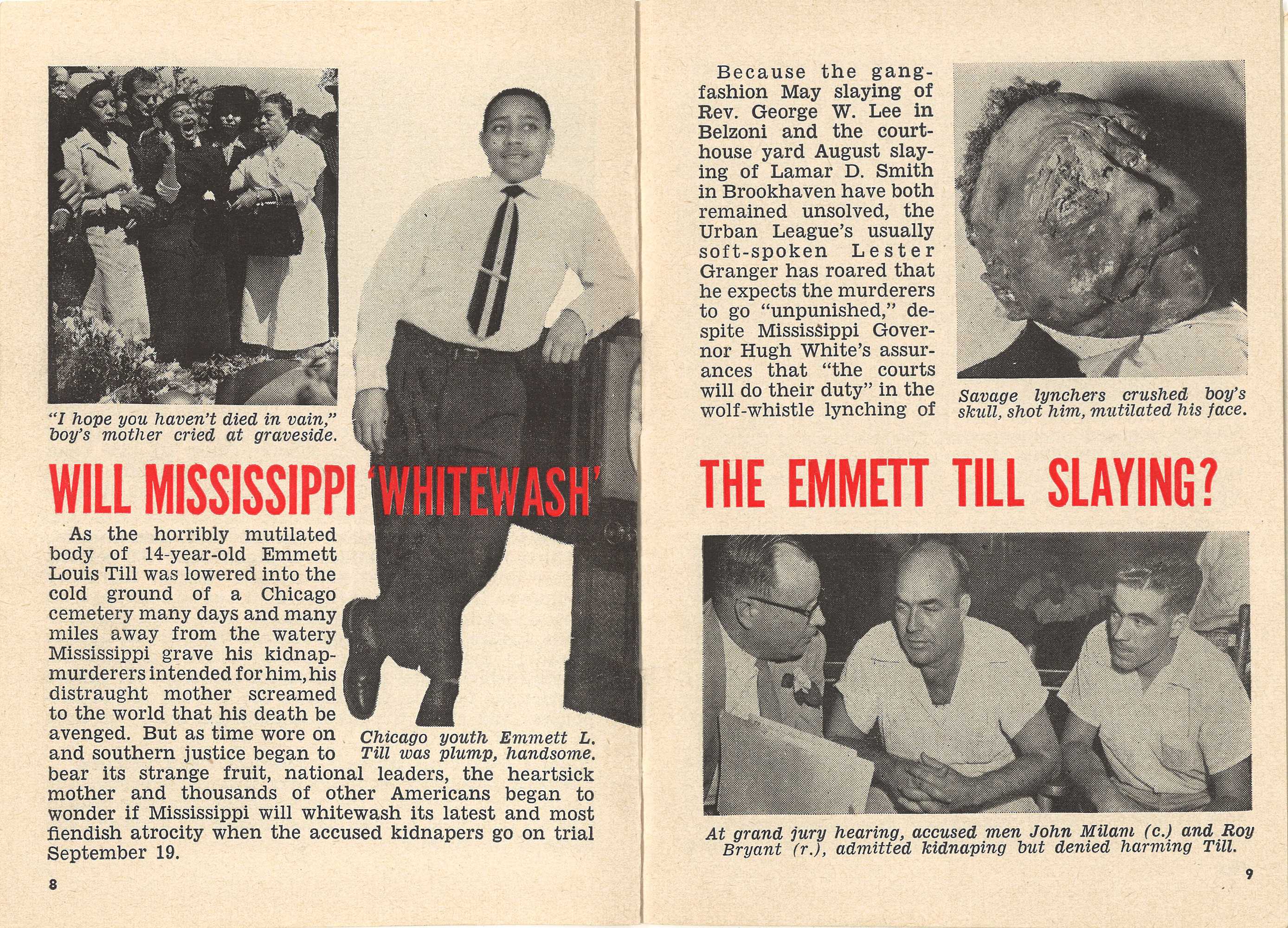 A page spread with an article about the accused suspects of Emmett Till's murder. It includes the title "Will Mississippi Whitewash The Emmet Till Slaying?"