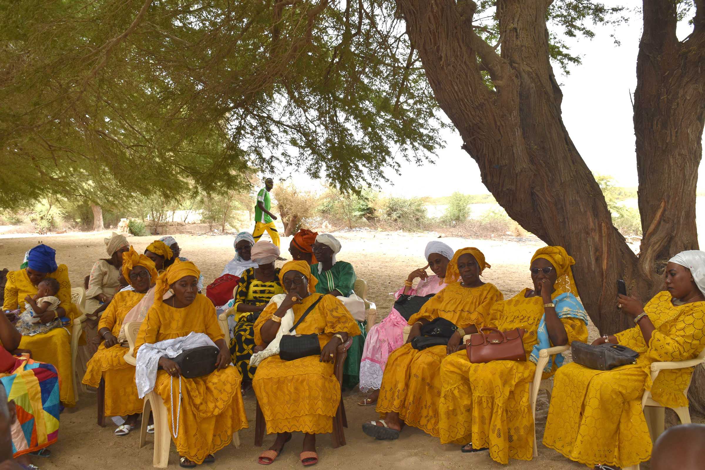 A group of church members sit together in a churchyard dressed in yellow dashiki. They sit under a large tree.