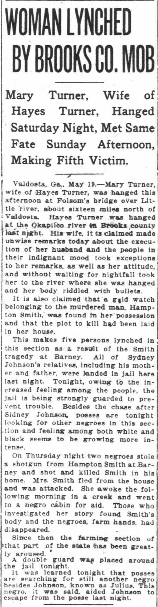 Newpaper clipping entitled "Woman Lynched By Brooks Co. Mob" that appeared in The Atlanta Constitution.