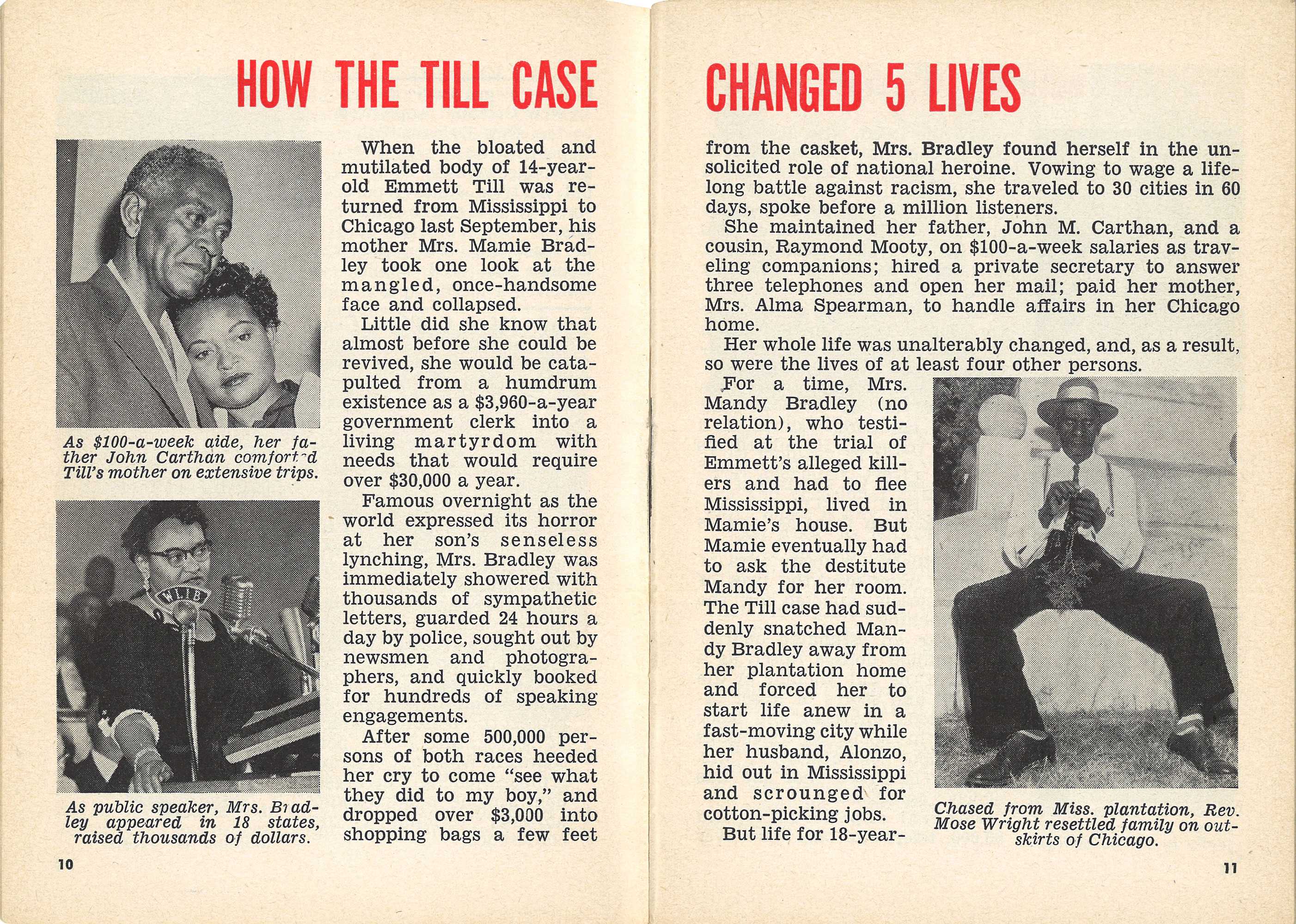 A page spread with an article about the how trail of Emmett Till's murder changed his family's lives.