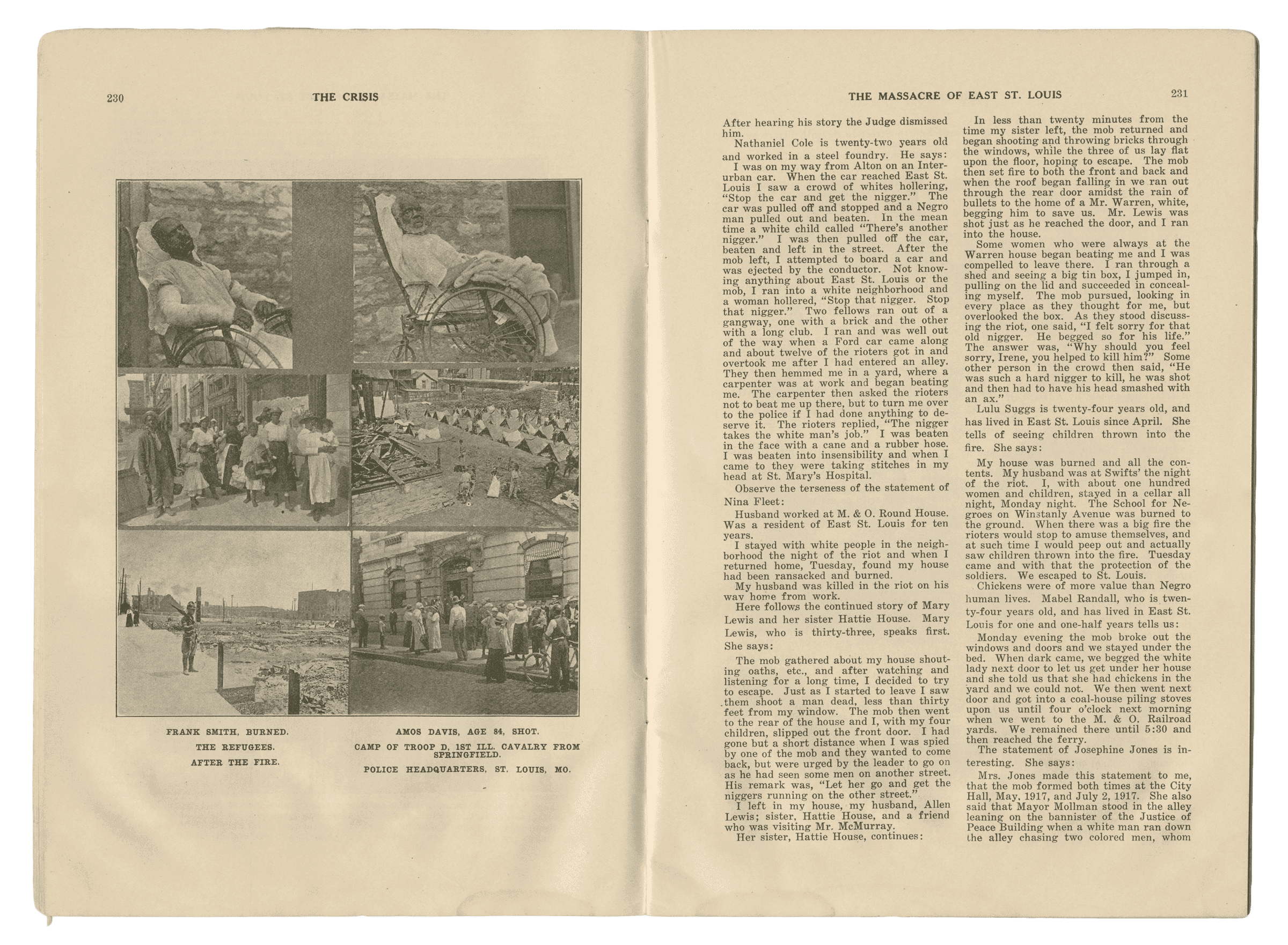 September 1917 issue of The Crisis. The two pages have the article and photograph of a victim of the East St. Louis massacres.