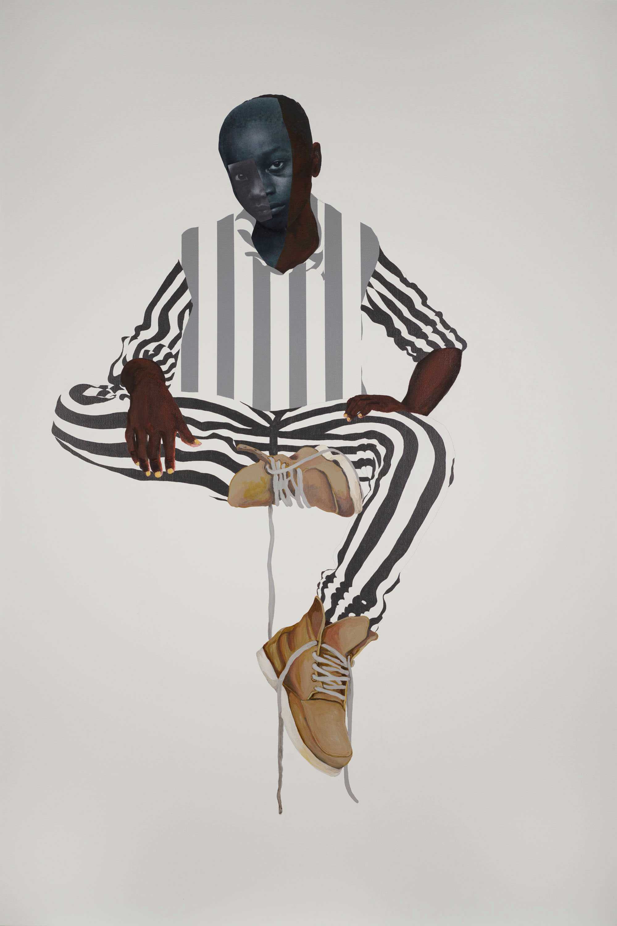 A collage portrait of George Stinney, Jr. who is seated, wearing a grey and white prison uniform and brown boots with untied shoelaces.