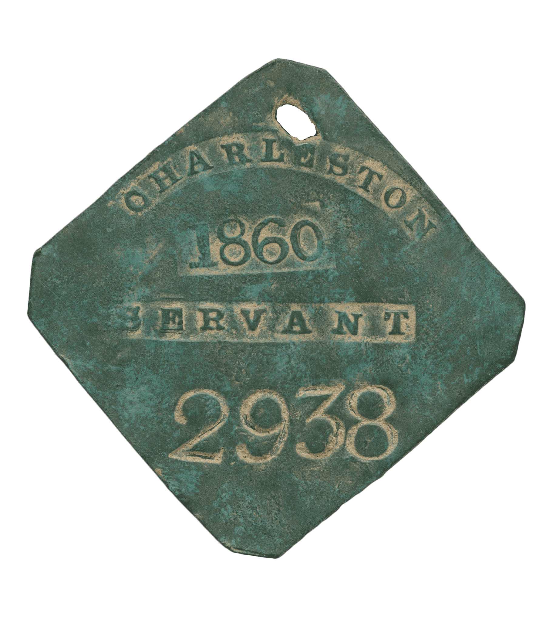 A square 1860 Charleston metal slave badge with the text "Servant" and a hole at the top.