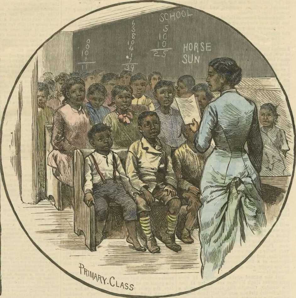 Colored print of an African American teacher wearing a petticoated dress reading to her students seated on benches in a schoolhouse classroom.