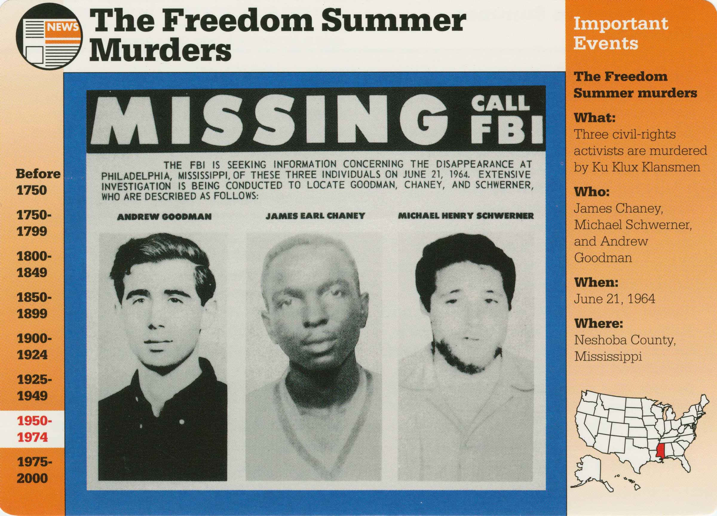 An information card with the title of "The Freedom Summer Murders" and photos of the three murdered Civil Rights workers.