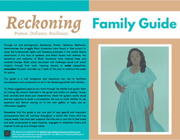 The first page of the resource with the title Reckoning: Defiance, Protest, Resilience Family Guide.