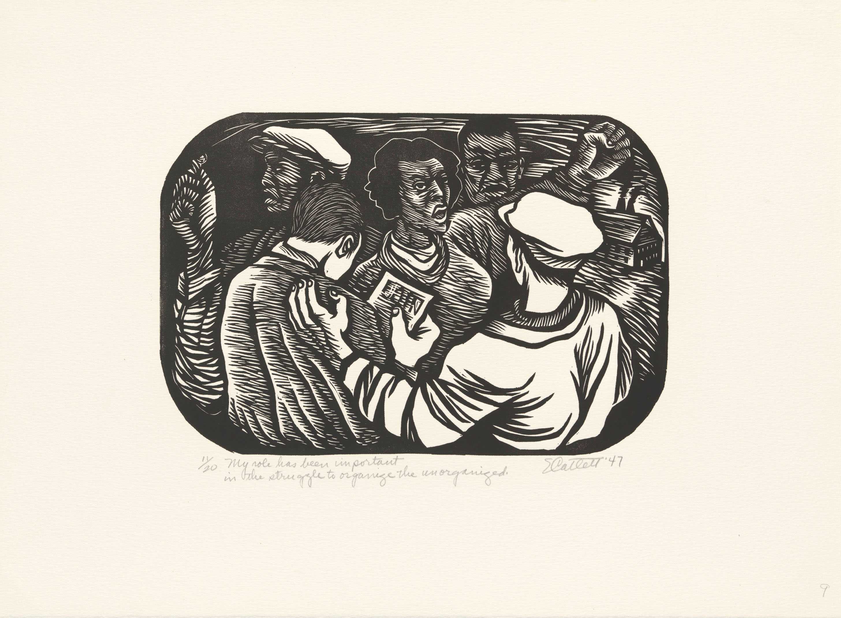 Black and white linocut of unidentified workers. Some men have their backs turned. One is a holding "JOIN" flier.