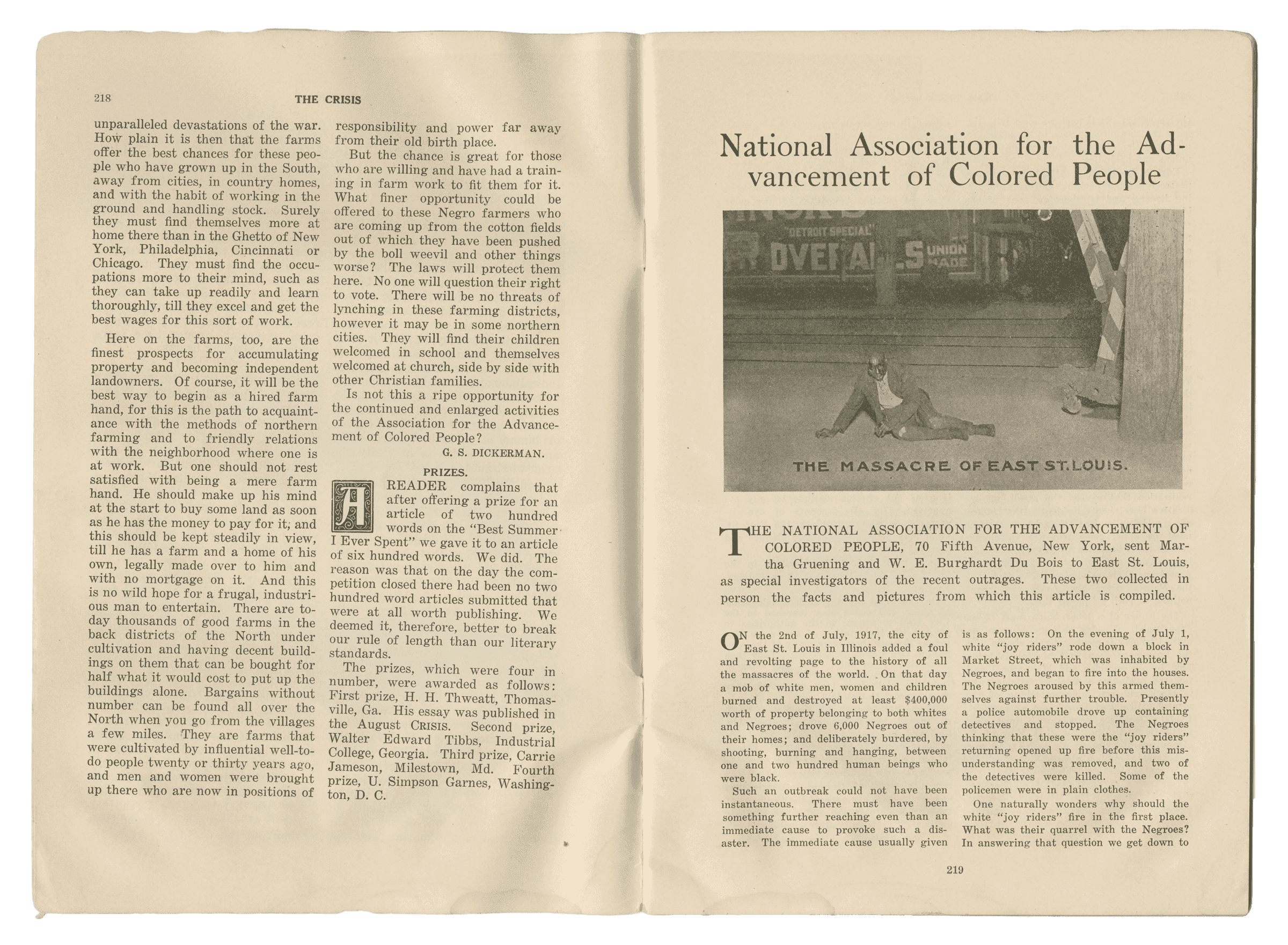 September 1917 issue of The Crisis. The two pages have the article and photograph of a victim of the East St. Louis massacres.