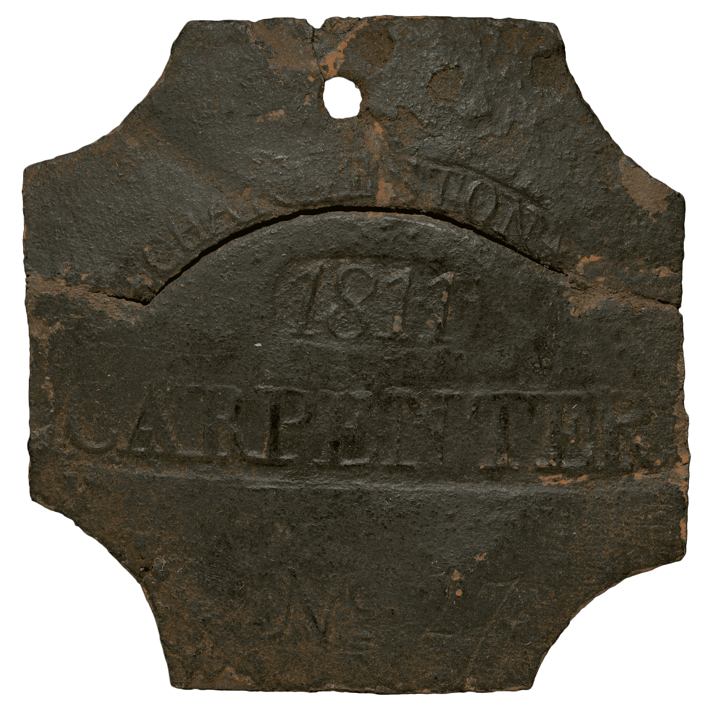 Square metal badge with quarter-circles cut out of the four corners.  Engraved is "CHARLESTON / 1811 / CARPENTER / No. 27"
