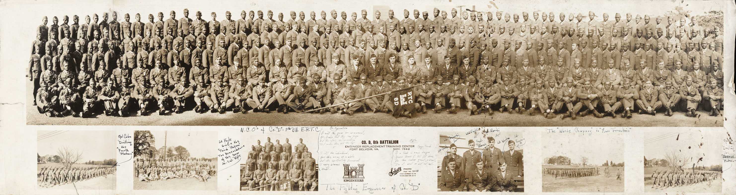 A black and white panoramic photograph of WWII soldiers. The class photograph takes up the top half of the photograph and seven sections.