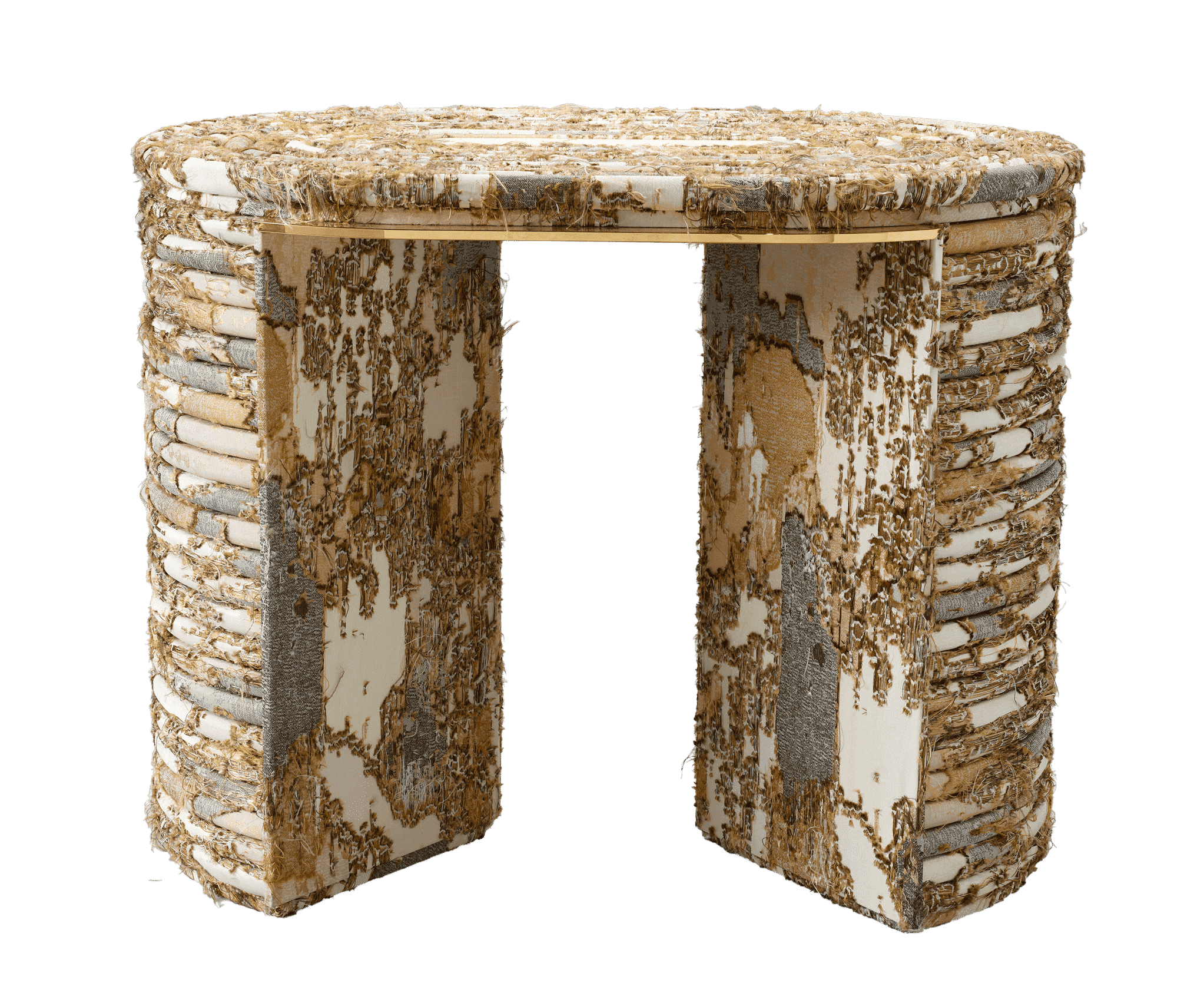 Oval shaped stool seat set atop two wedge-shaped legs. Both seat and legs are covered with fabric made of woven cream, brown, gold, and tan fibers with loose gold and white threads that create a highly textured surface.