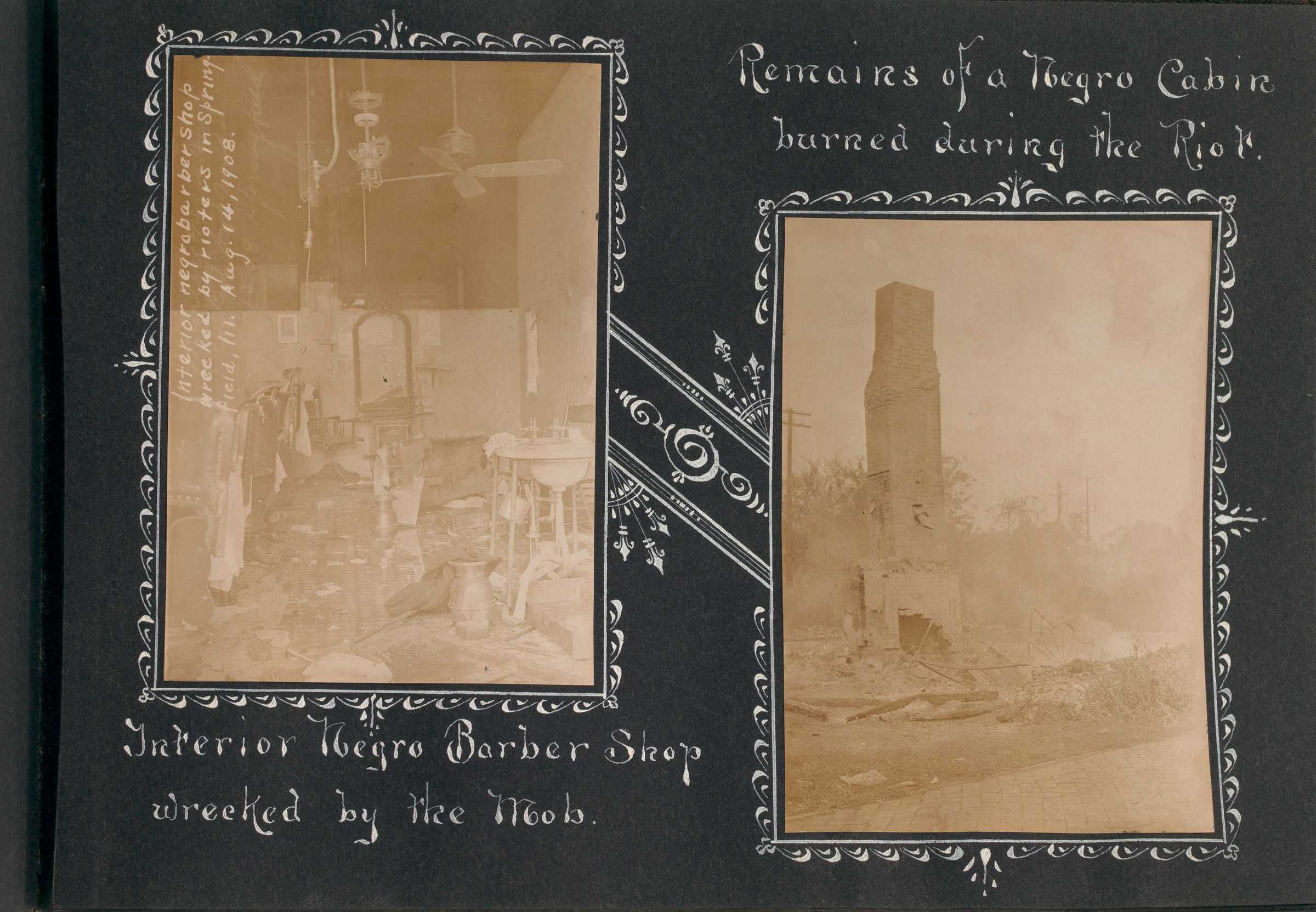 Two black photograph with sepia-toned of Springfield Illinois race riot aftermath with hand-drawn captions.