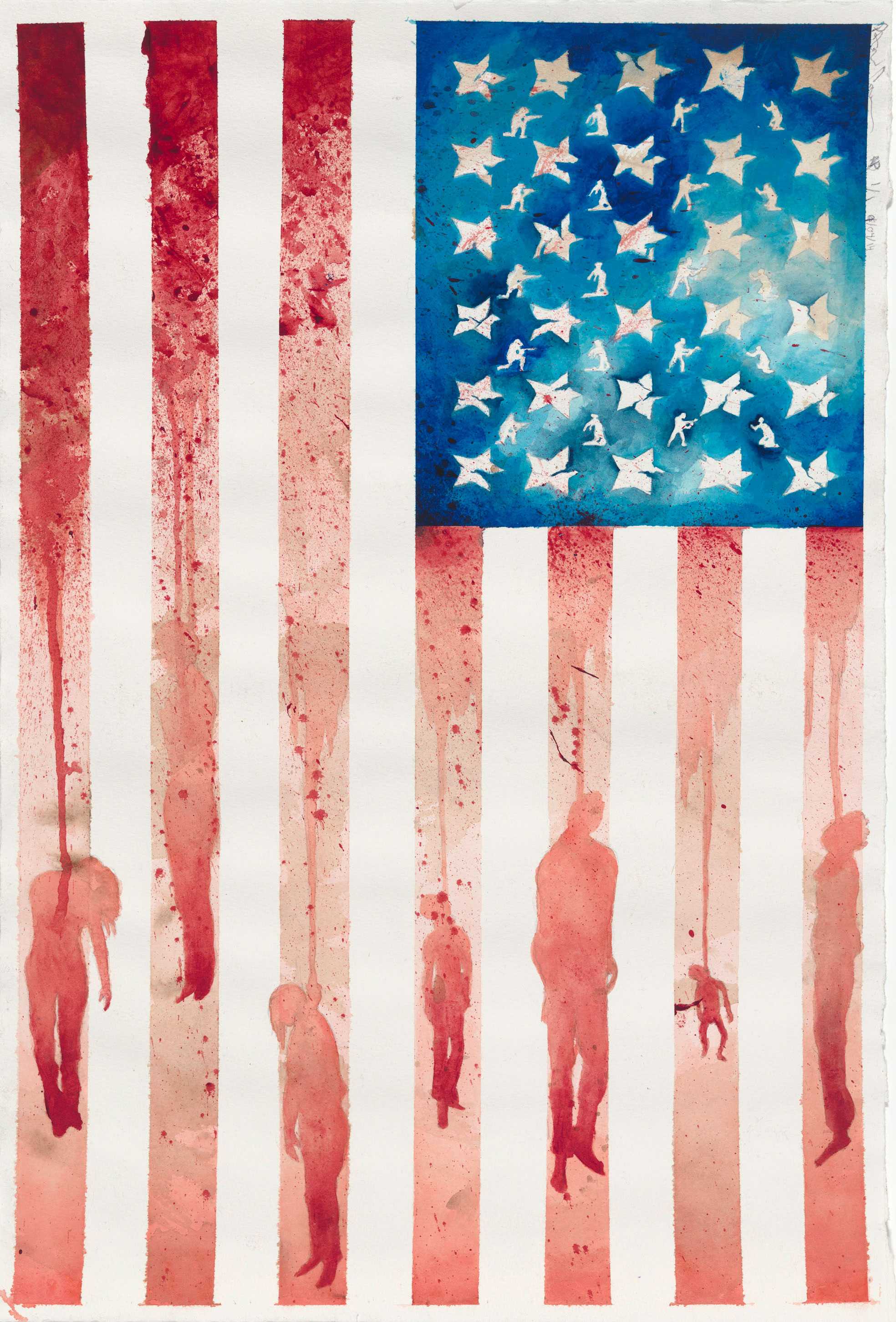 A watercolor painting of the American flag. Painted bodies are hanging within the red stripes.