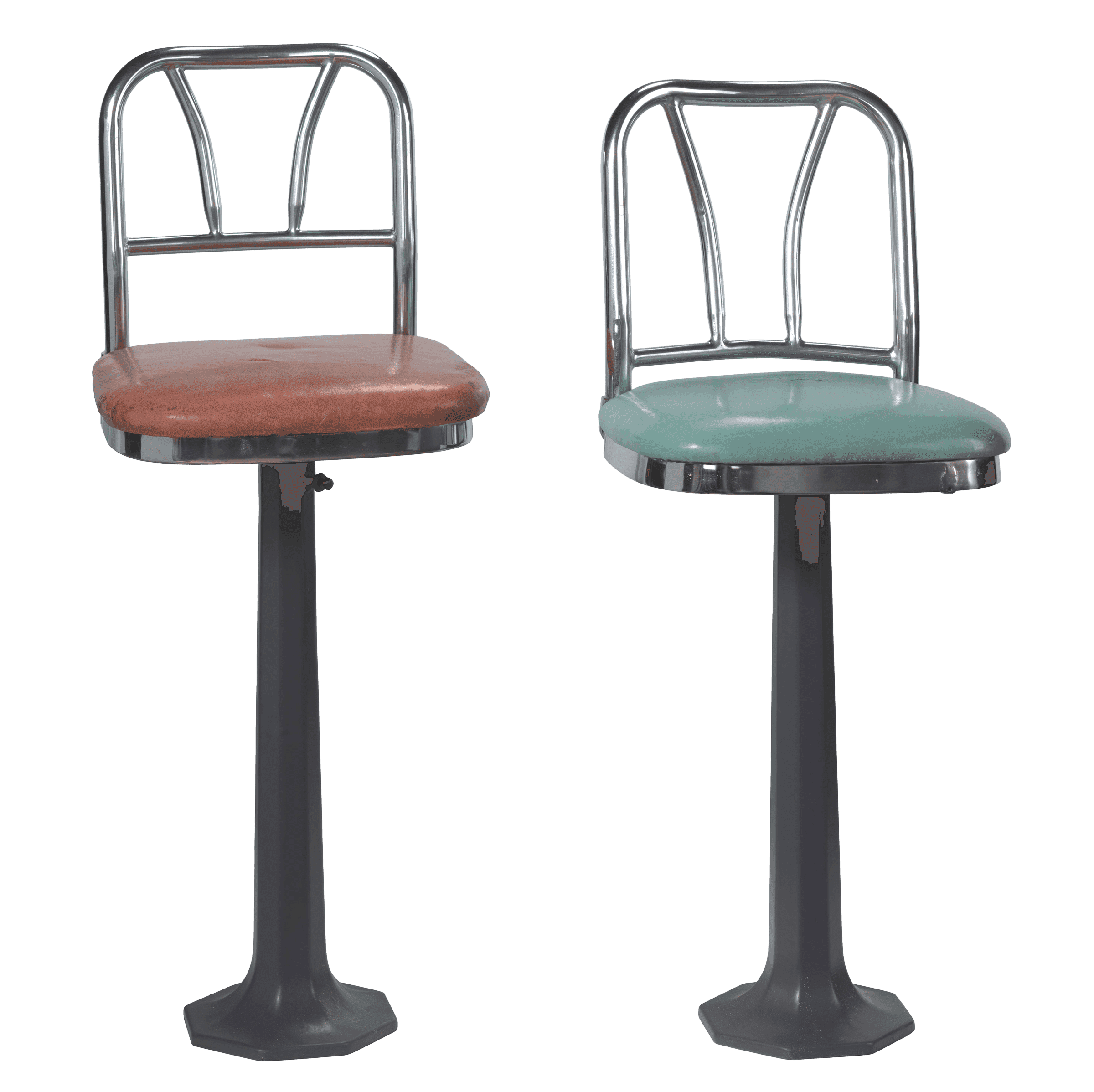 Two lunch counter stools with a chrome backrest and frame. One stool had a green seat and the other has a red.