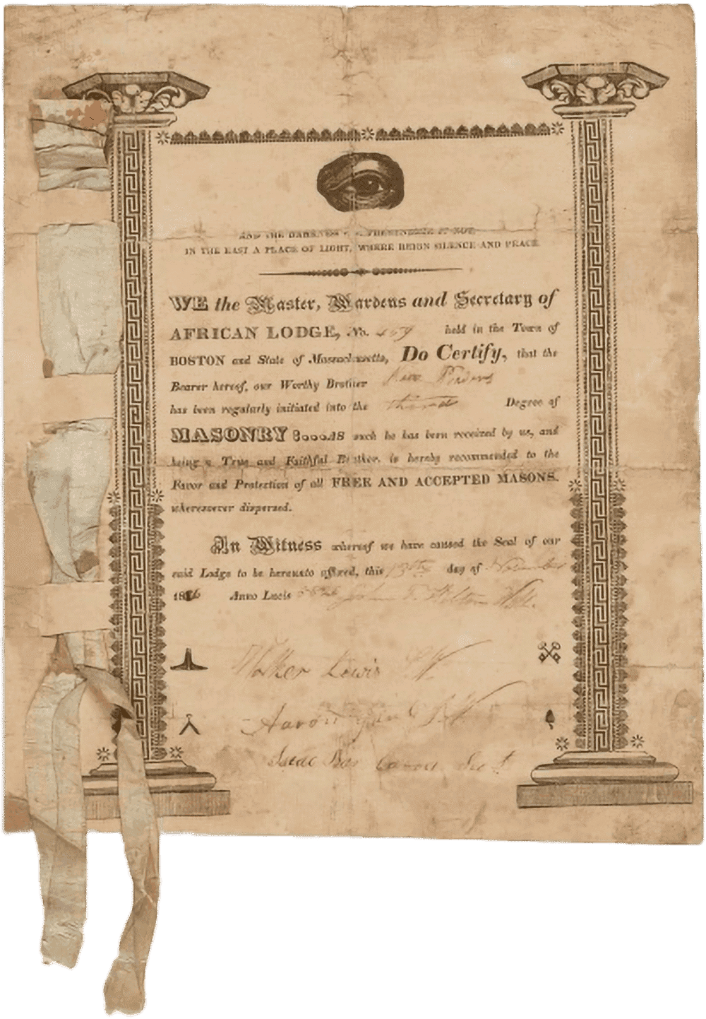 A membership certificate from the Masonic African Lodge No. 459, Boston, Massachusetts, certifying the promotion of Nero Powers to the rank of third-degree Mason.