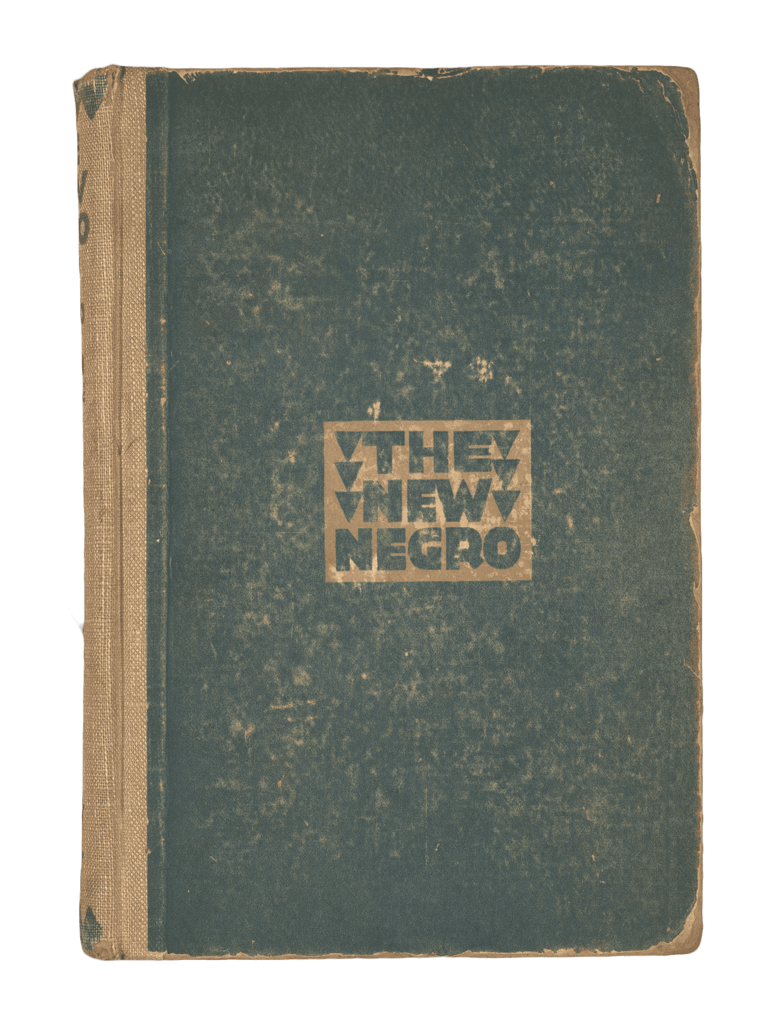 A worn dark green book cover with a white square with "The New Negro. in block letters.