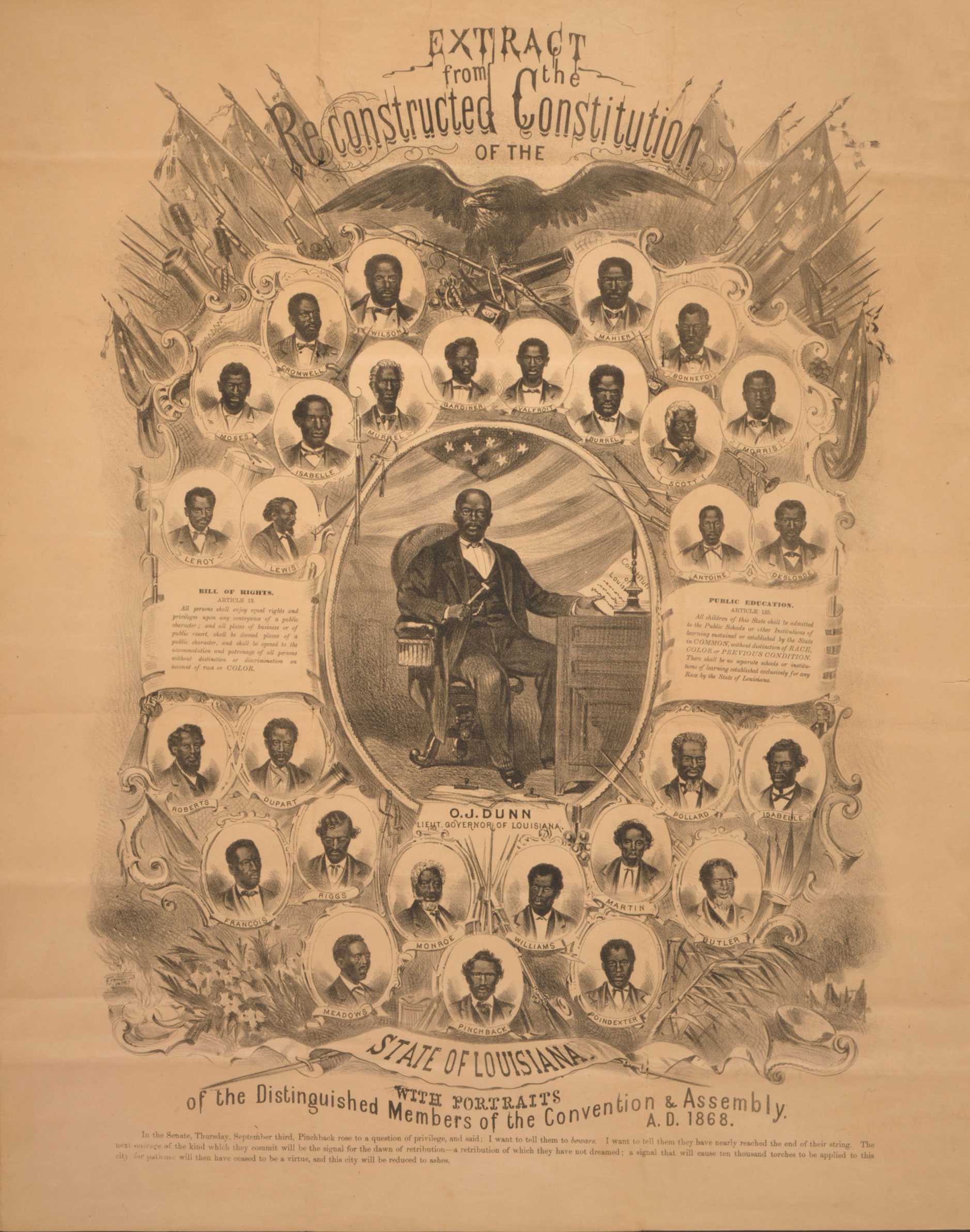 Portrait with African American delegates surround the central portrait of Lt. Gov. Oscar J. Dunn.