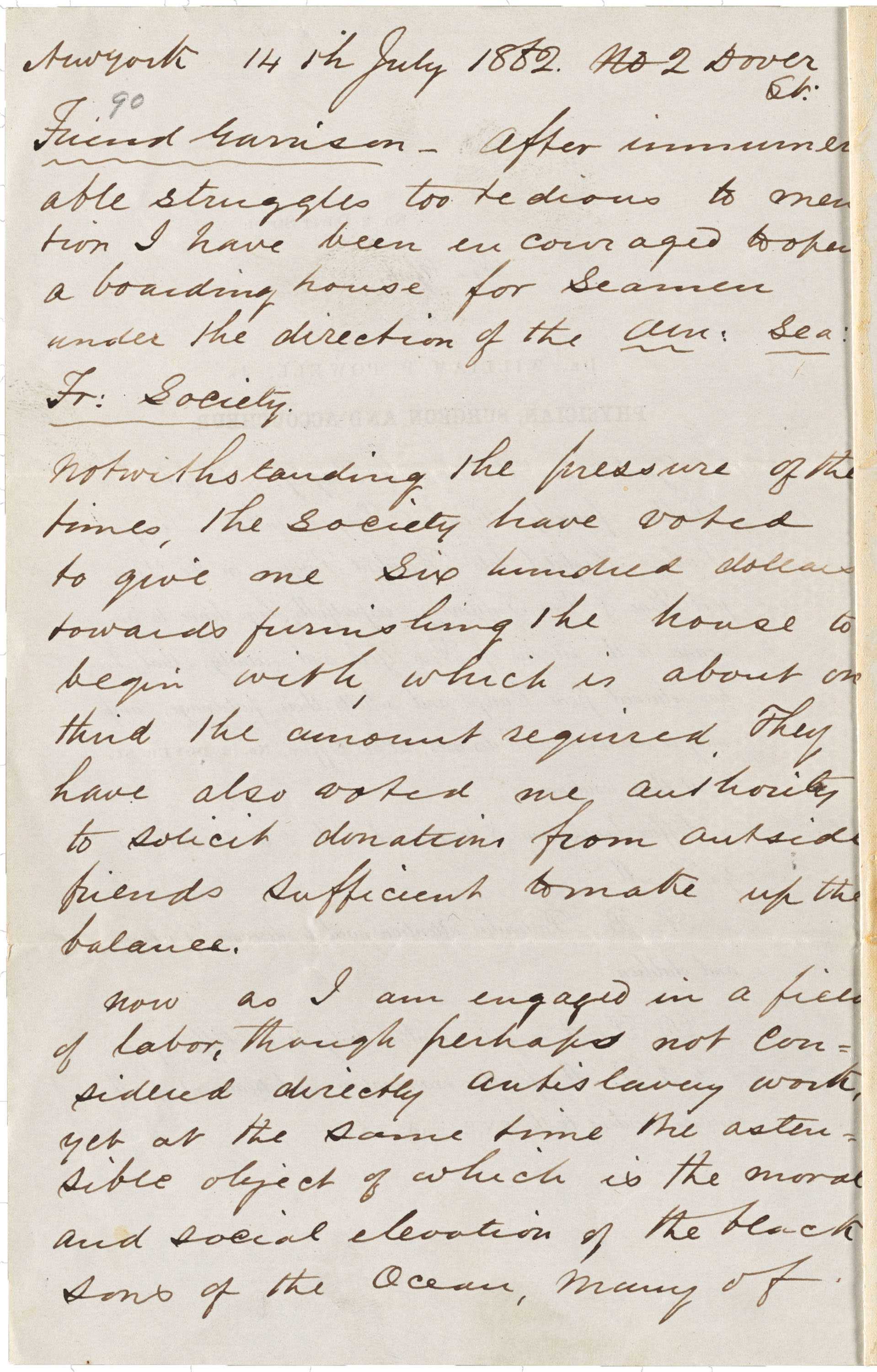 A full page, handwritten letter to dated July 14th, 1882. The handwritting is in cursive.