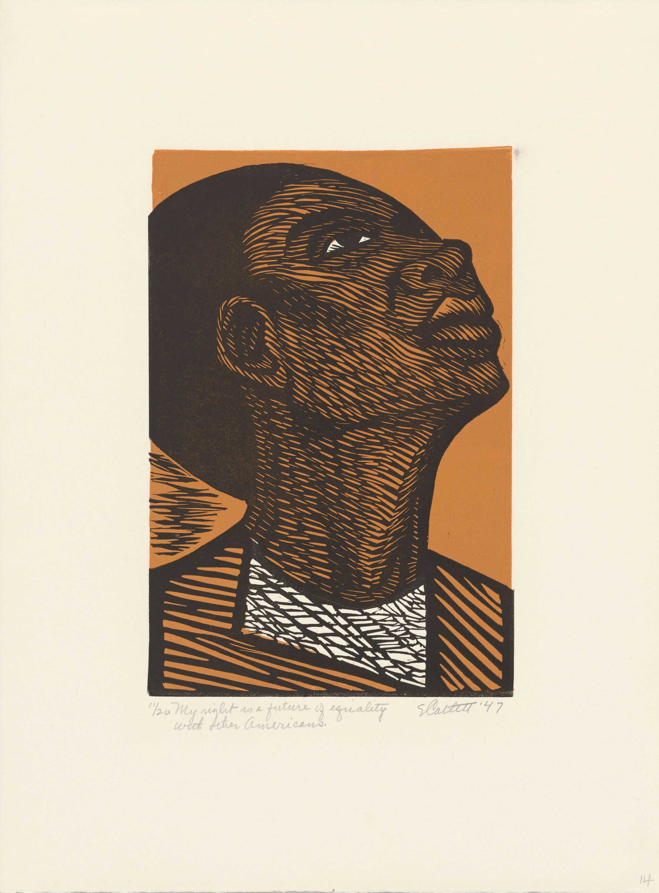 A color linocut of the right side of a woman's face visible. Her head is tilted back and her gaze is directed upwards.